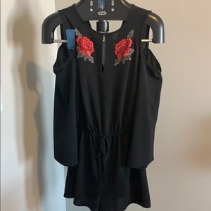 3/$25 Macy’s cold shoulder rose black romper